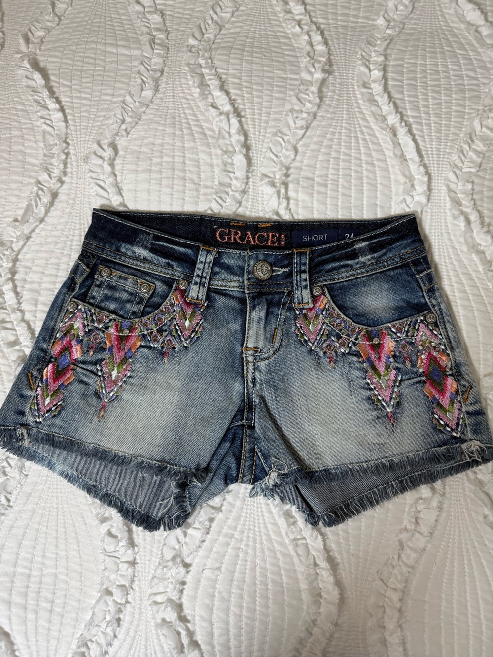 Grace Denim Shorts with Pink and Multicolor Embroidery